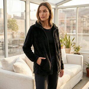 *Black Fuzzy Fleece Zip‎ Up Jacket Mock Collar Women's Cozy Warm Large